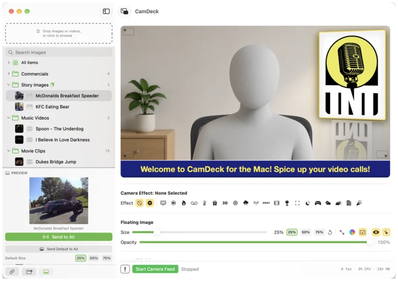 CamDeck for Mac with a folder library, a floating logo overlay and a lower-third banner over a live camera preview