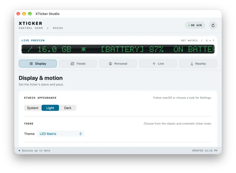 XTicker Studio for Mac showing a live green LED-matrix ticker preview and the Display and motion settings