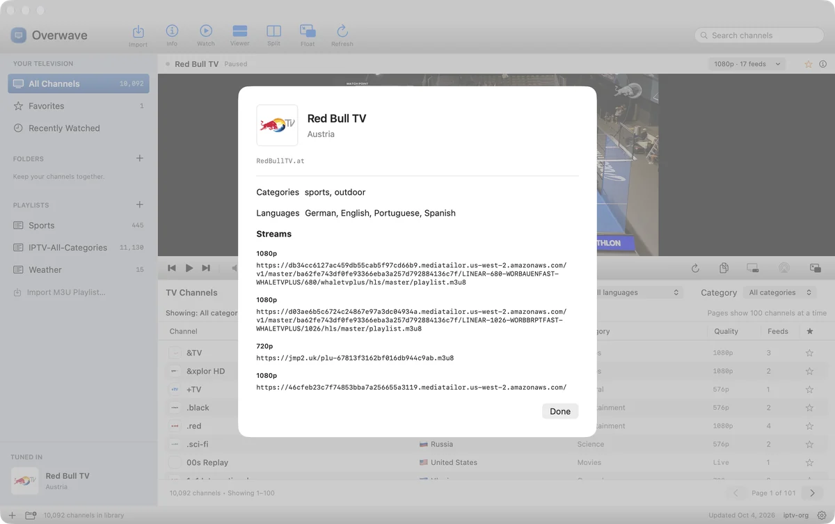 Overwave channel details for Red Bull TV with the logo, categories, languages and a list of stream feeds with quality