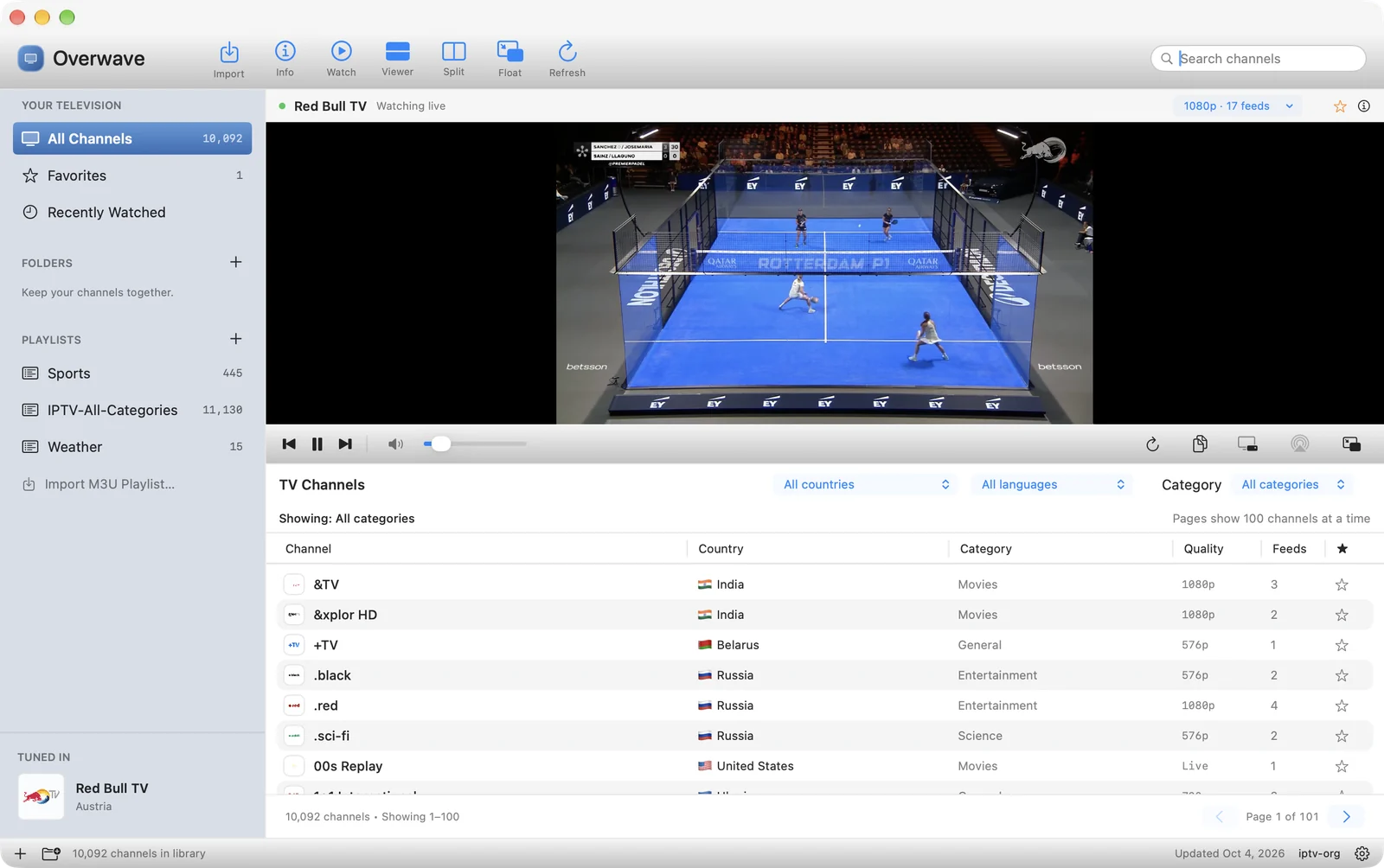 Overwave playing Red Bull TV above the full channel table, showing channel logos, countries, categories, 1080p and 576p quality and star buttons