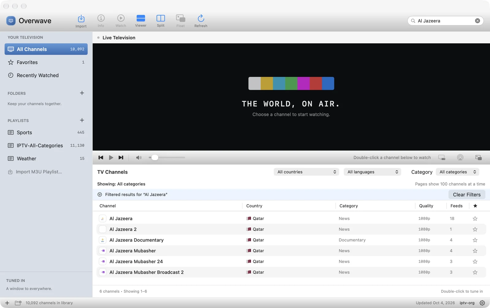 Overwave search results for Al Jazeera showing six matching channels with Qatar flags, News and Documentary categories, 1080p quality and feed counts